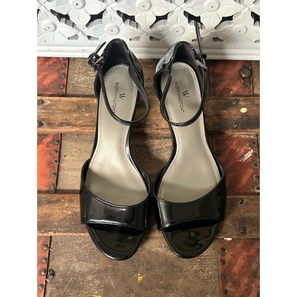 Worthington Womens Black Patent Kitten Heel Ankle Strap Sandals Size 9